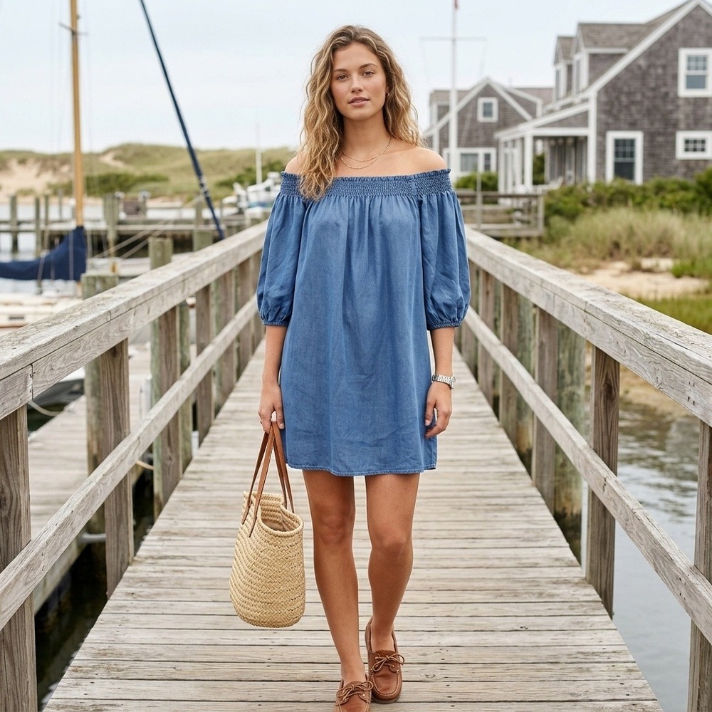 Superdry Womens Chambray Smocked Mini Dress Size 8 Preppy Coastal Cottage